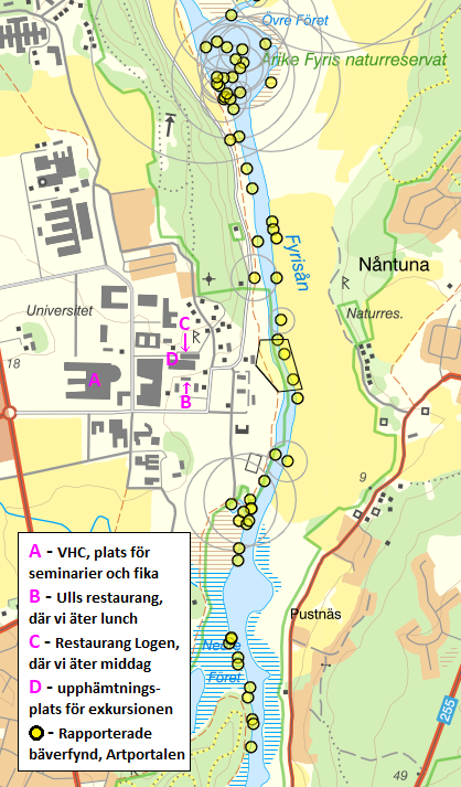 Karta med lokalerna för workshopen och bäverspår vid Fyrisån.